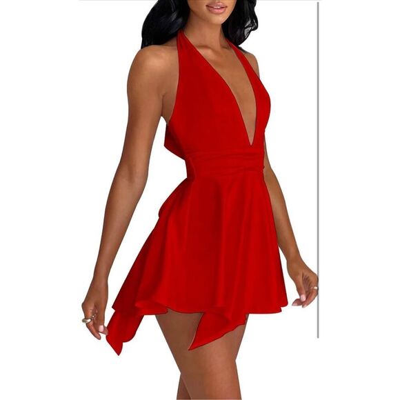 NEW Halter Deep V Neck Backless Tie Back Satin Cocktail Mini Dress M - Picture 5 of 7